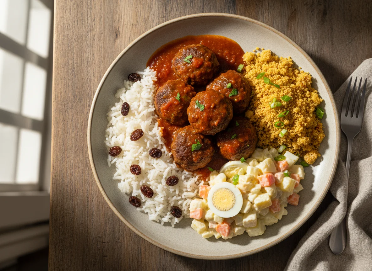 Prato variado com almôndega, farofa, arroz, uvas passas e salada de maionese photo