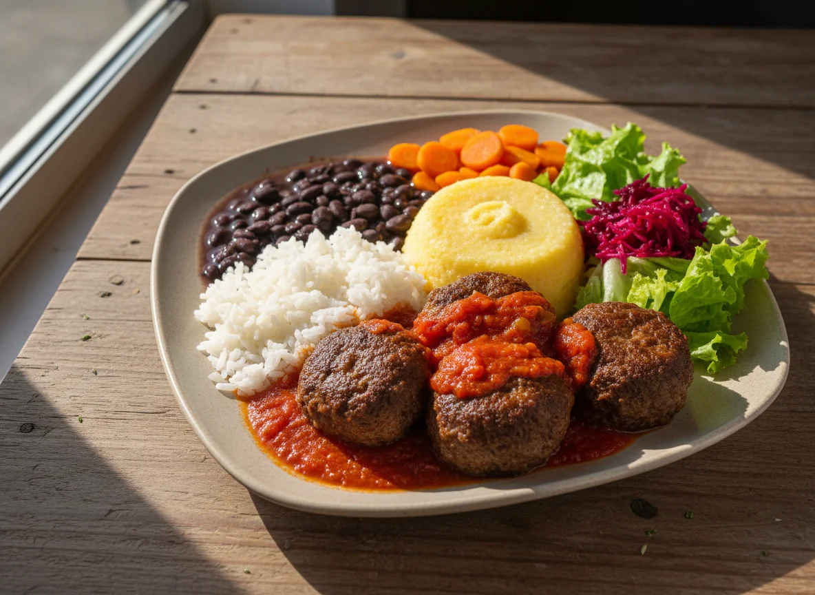 Prato variado com almôndegas e polenta photo