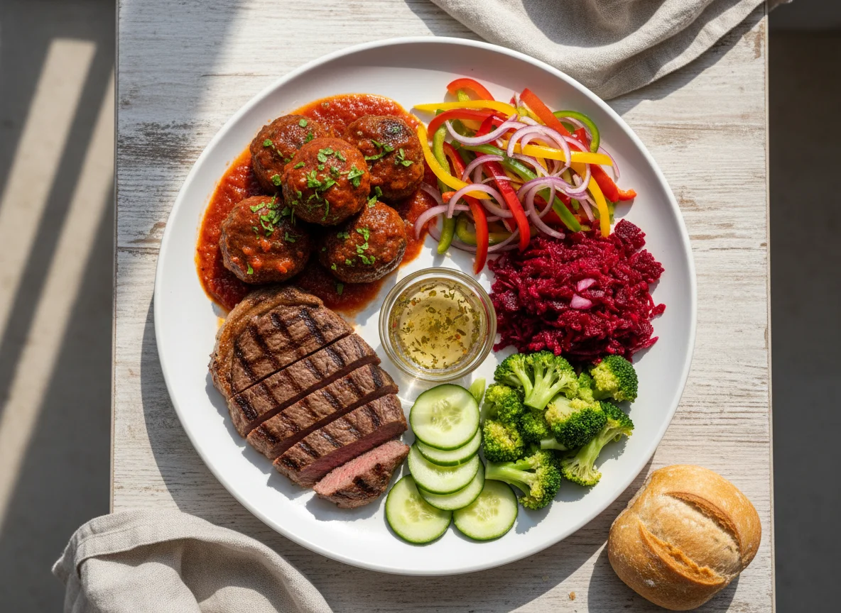 Prato variado com almôndegas e salada photo