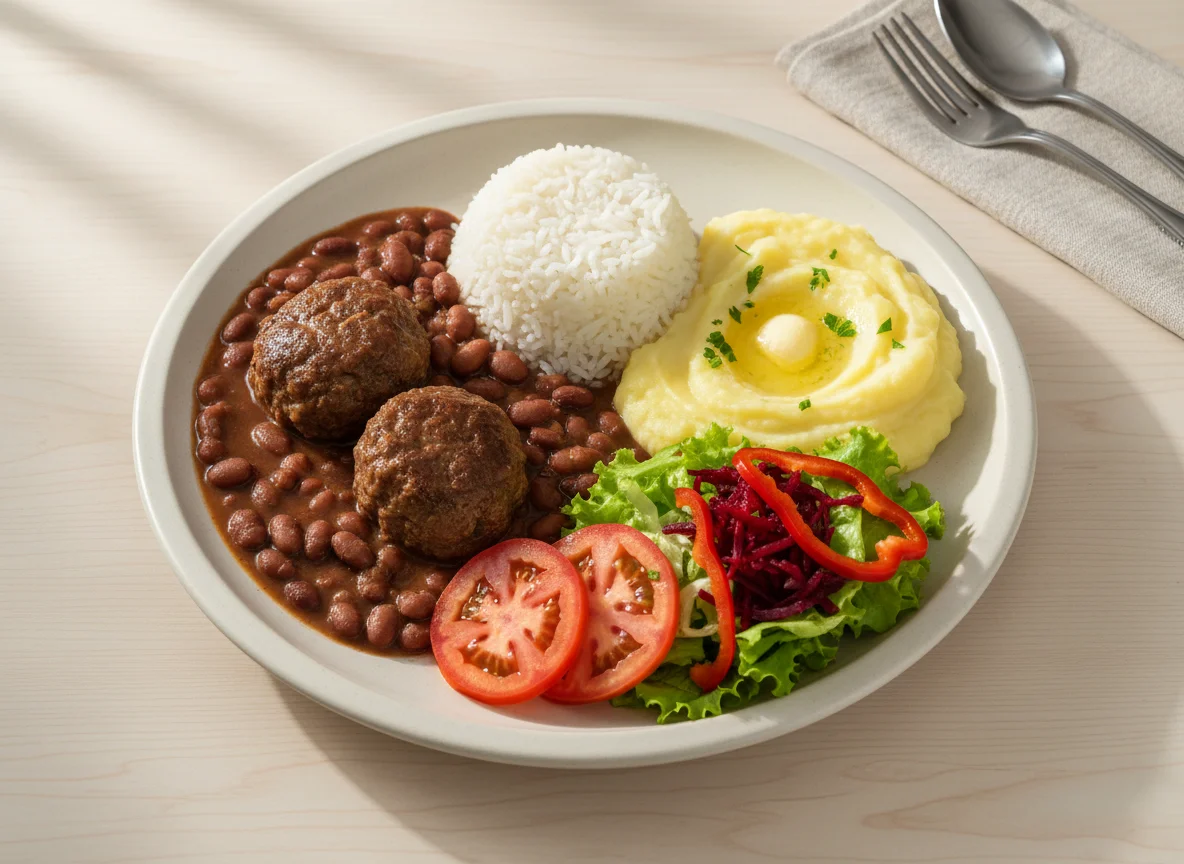 Prato variado com almôndegas, feijão, arroz, purê e salada photo