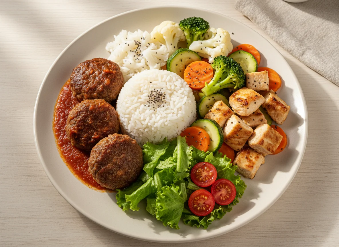 Prato variado com almôndegas, frango, arroz e vegetais photo