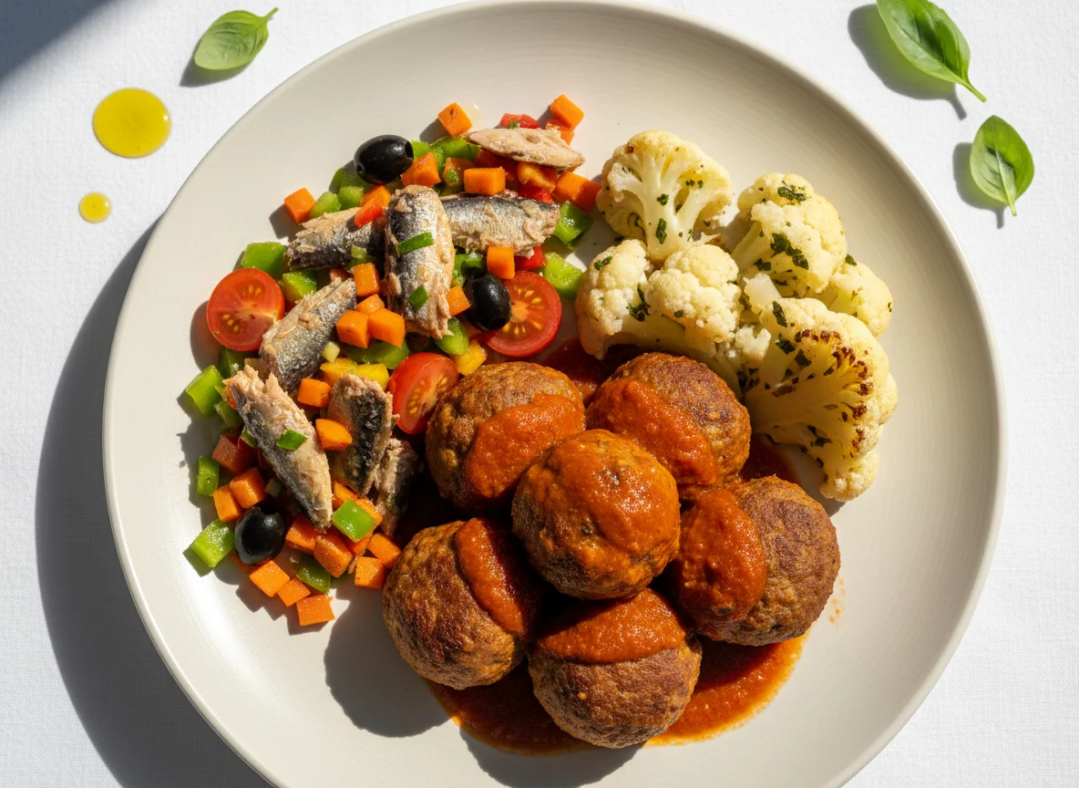 Prato variado com almôndegas, salada de sardinha e couve-flor refogada photo