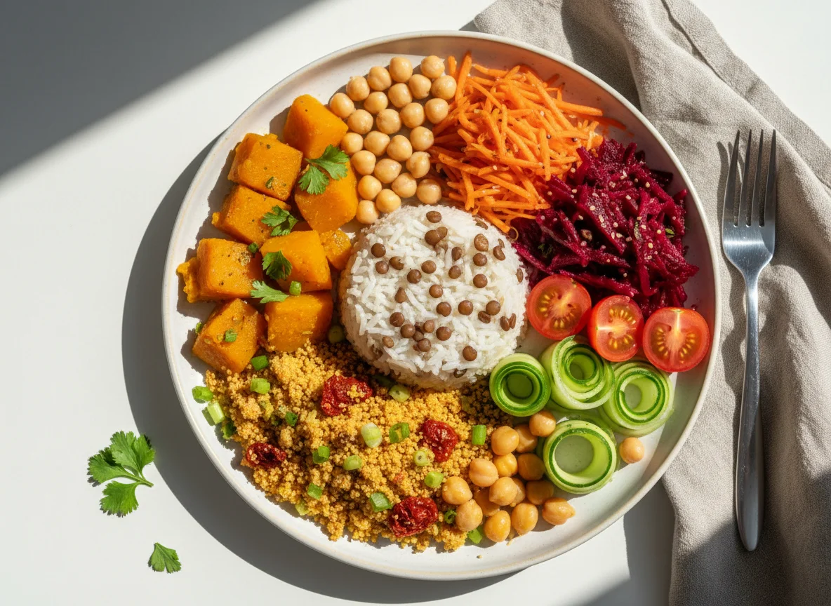 Prato variado com arroz, abóbora e salada photo