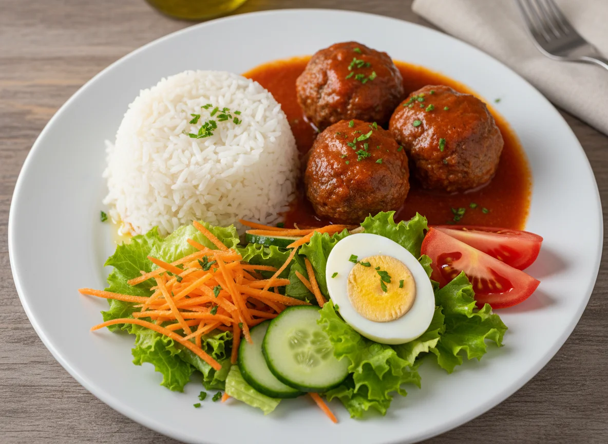 Prato variado com arroz, almôndegas, salada e ovo cozido photo