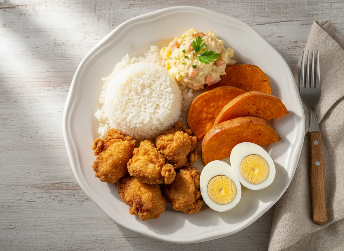 Prato variado com arroz, batata doce e ovos photo