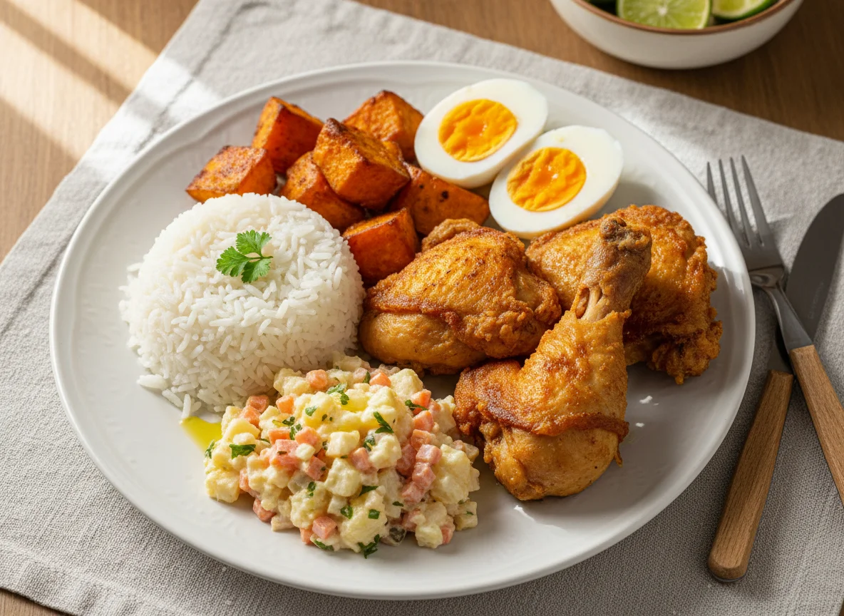 Prato variado com arroz, batata doce, ovos e frango photo