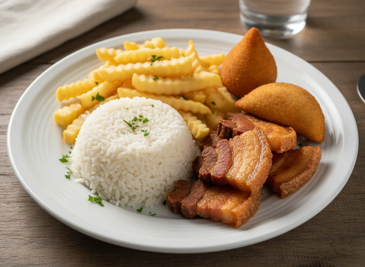 Prato variado com arroz, batata frita, carne de porco e salgado photo