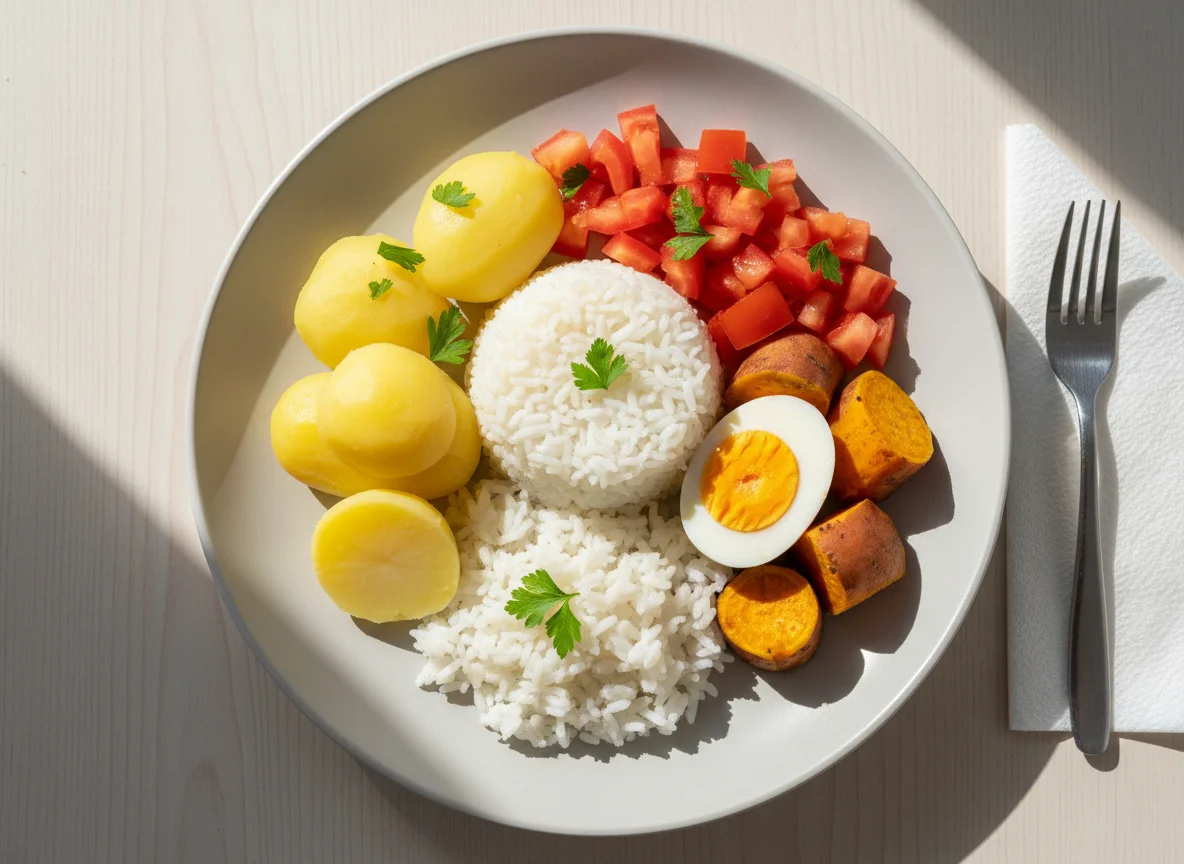 Prato variado com arroz, batata, tomate, ovo e batata doce photo