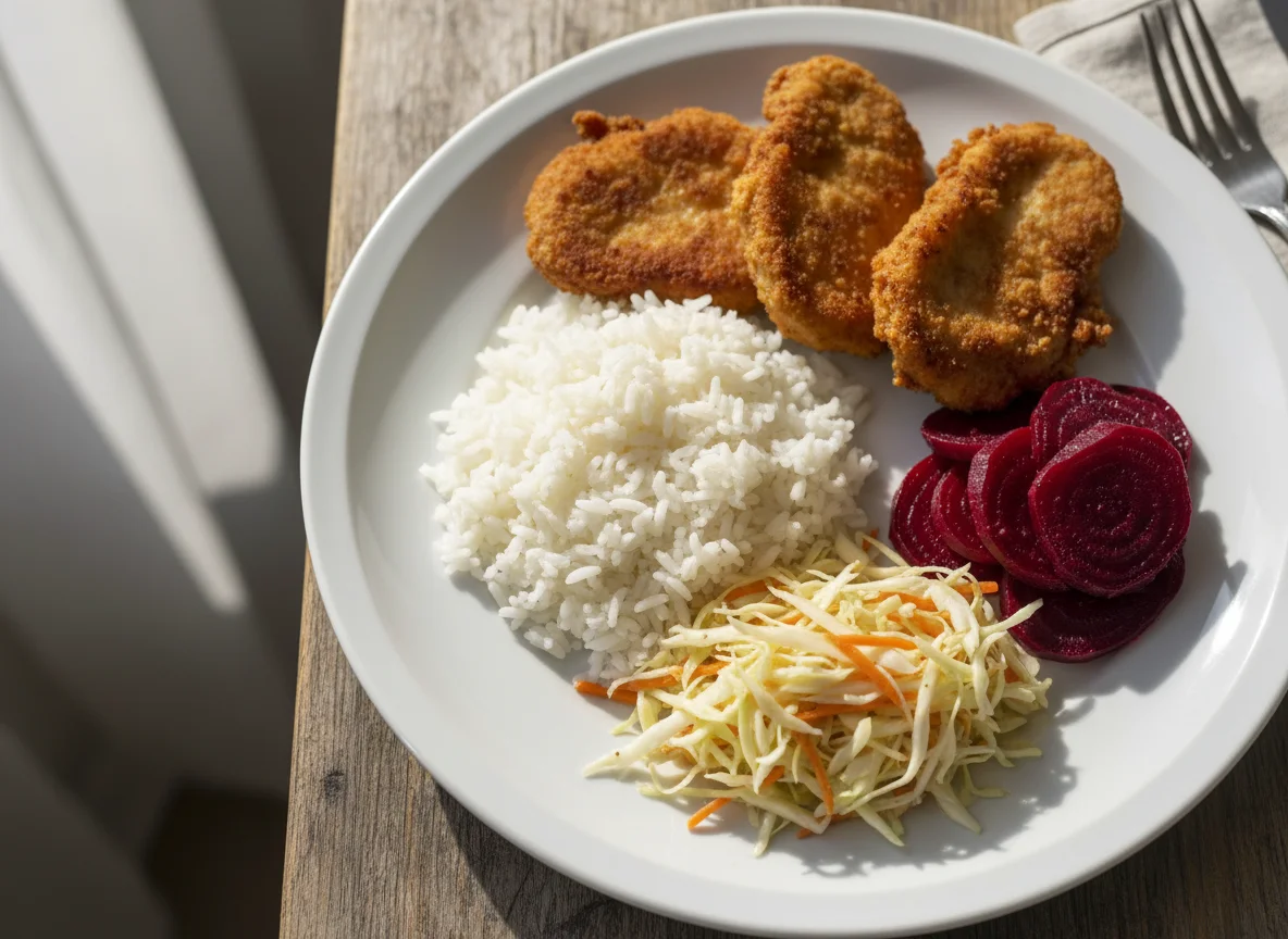 Prato variado com arroz, beterraba, salada de repolho e frango photo