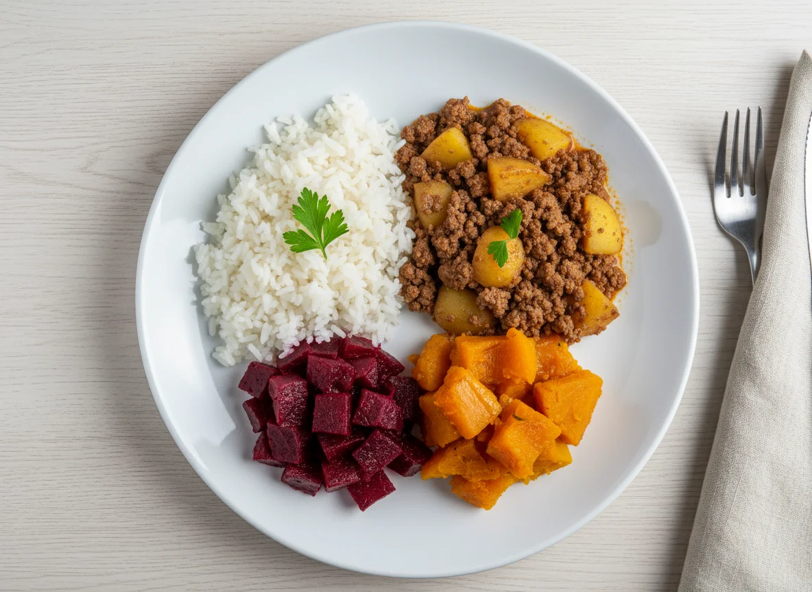 Prato variado com arroz, carne, batata, beterraba e abóbora photo