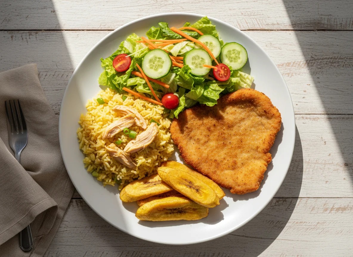 Prato variado com arroz, carne e salada photo
