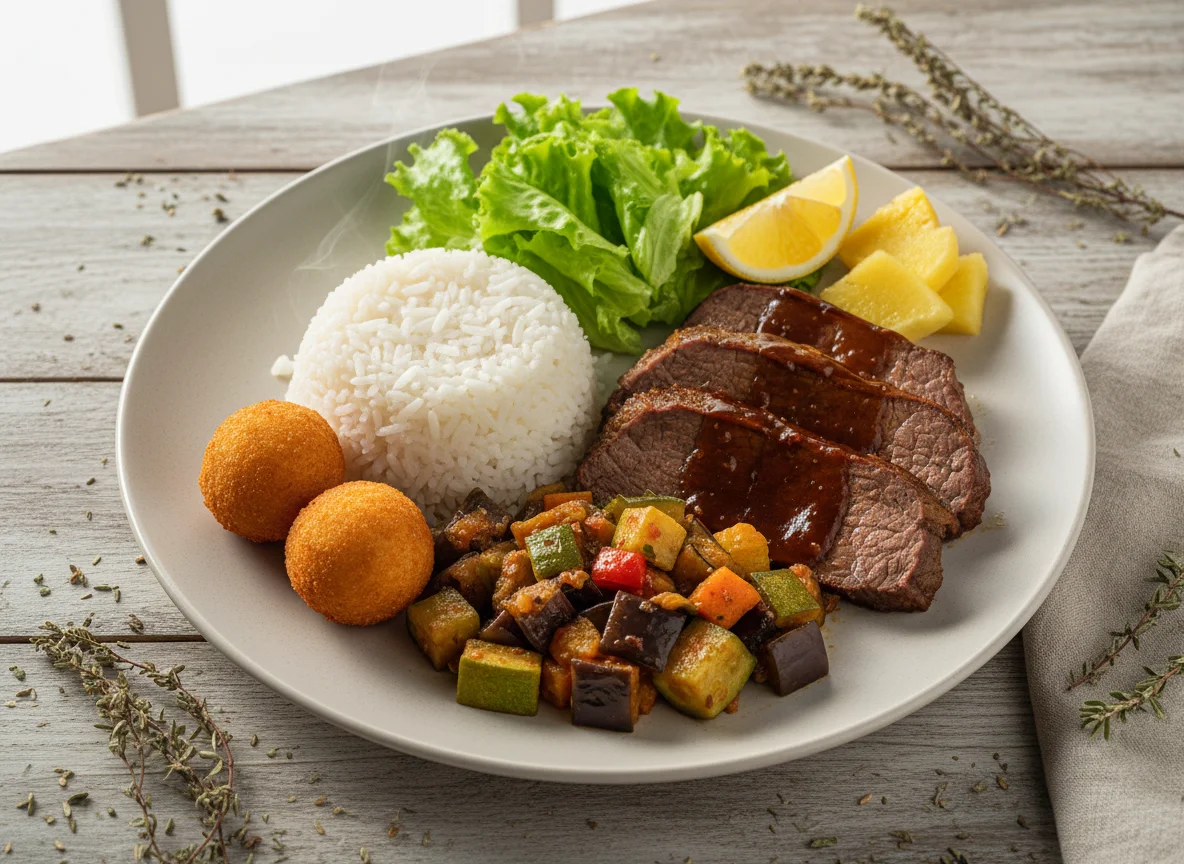 Prato variado com arroz, carne, legumes e salada photo