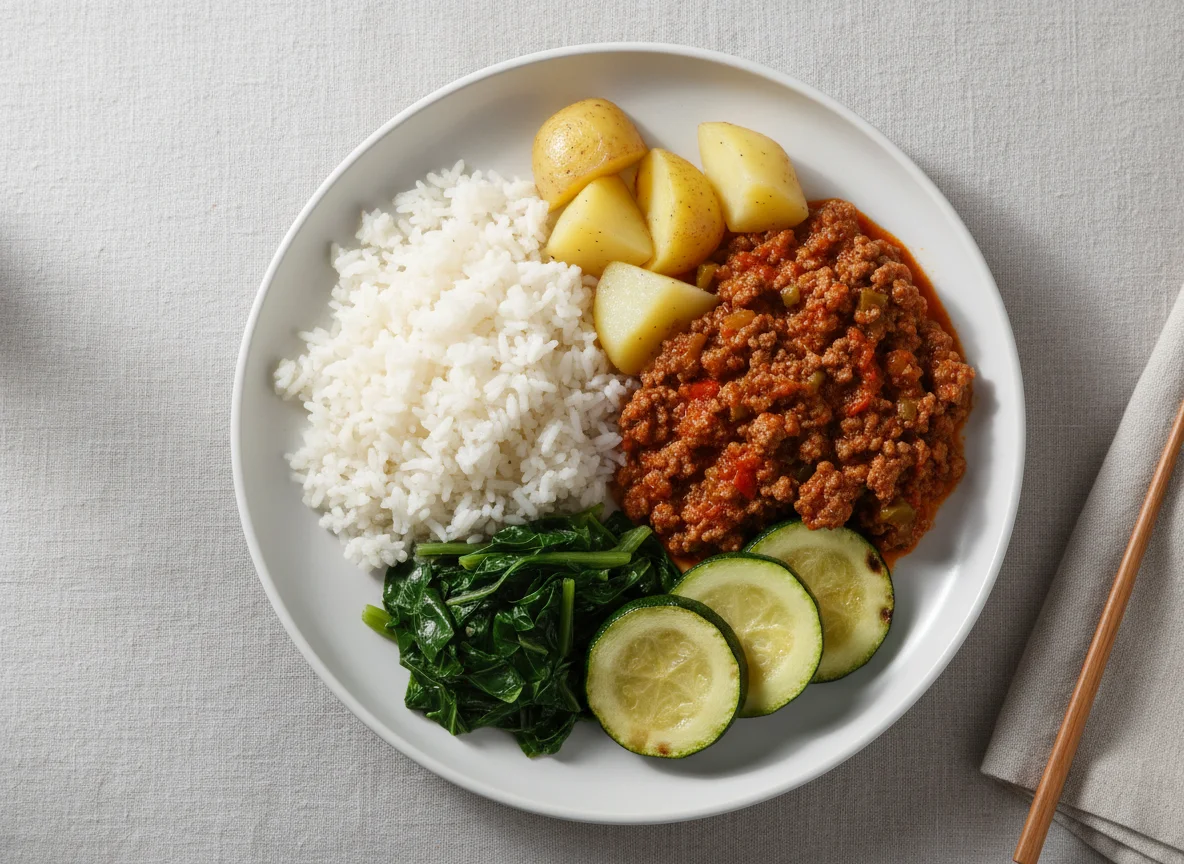 Prato variado com arroz, carne moída e legumes photo