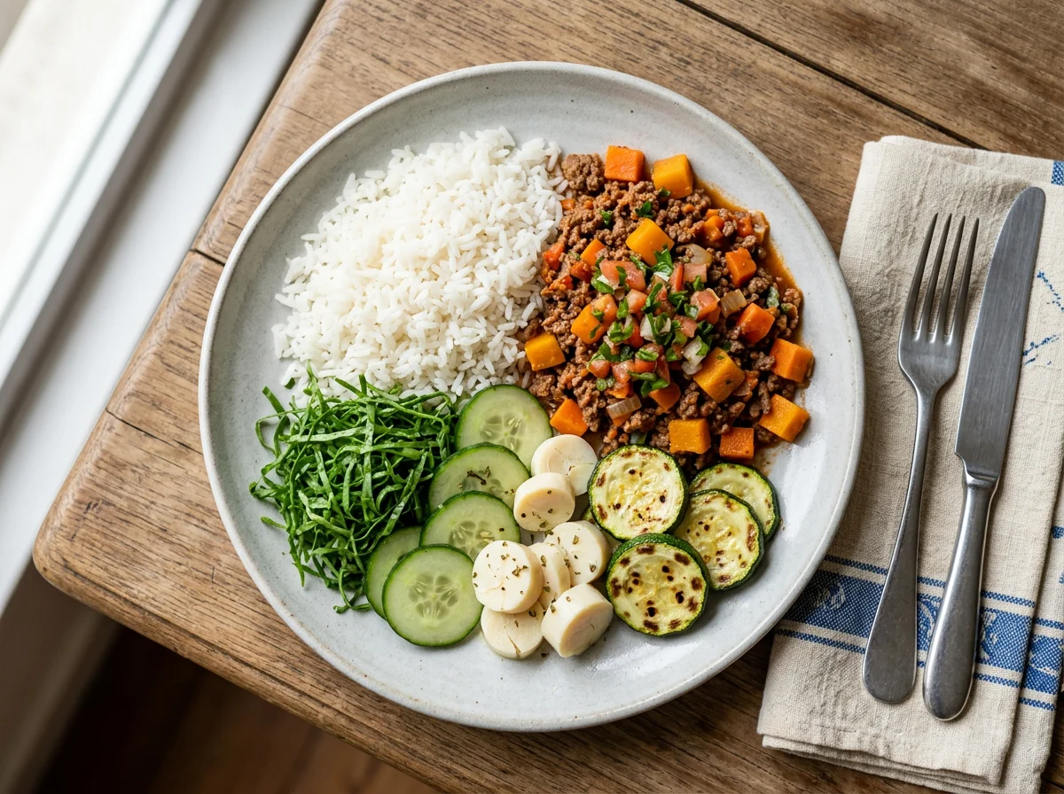 Prato variado com arroz, carne moída e salada photo