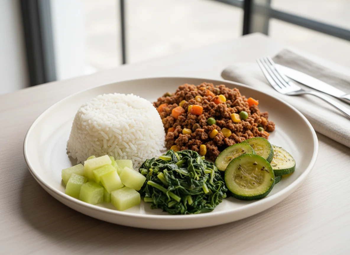 Prato variado com arroz, carne moída e vegetais photo