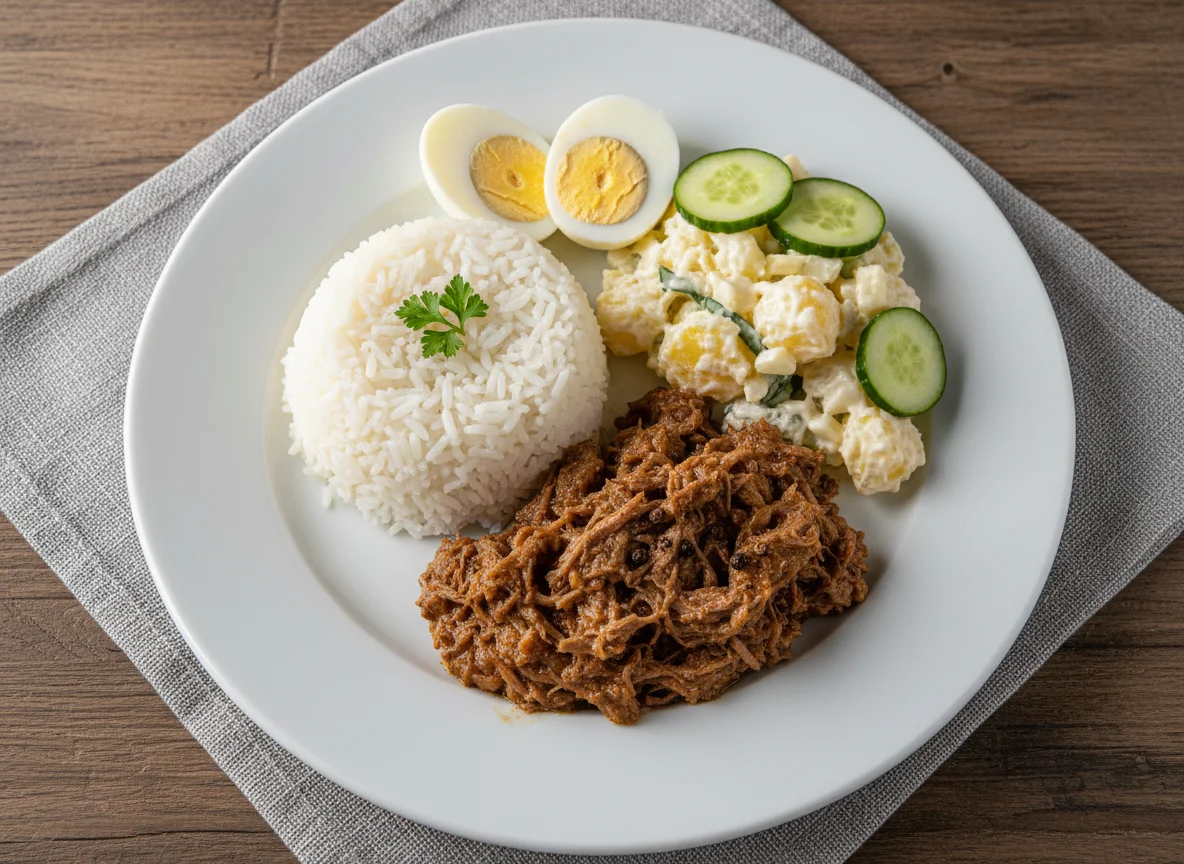 Prato variado com arroz, carne, ovos e salada photo