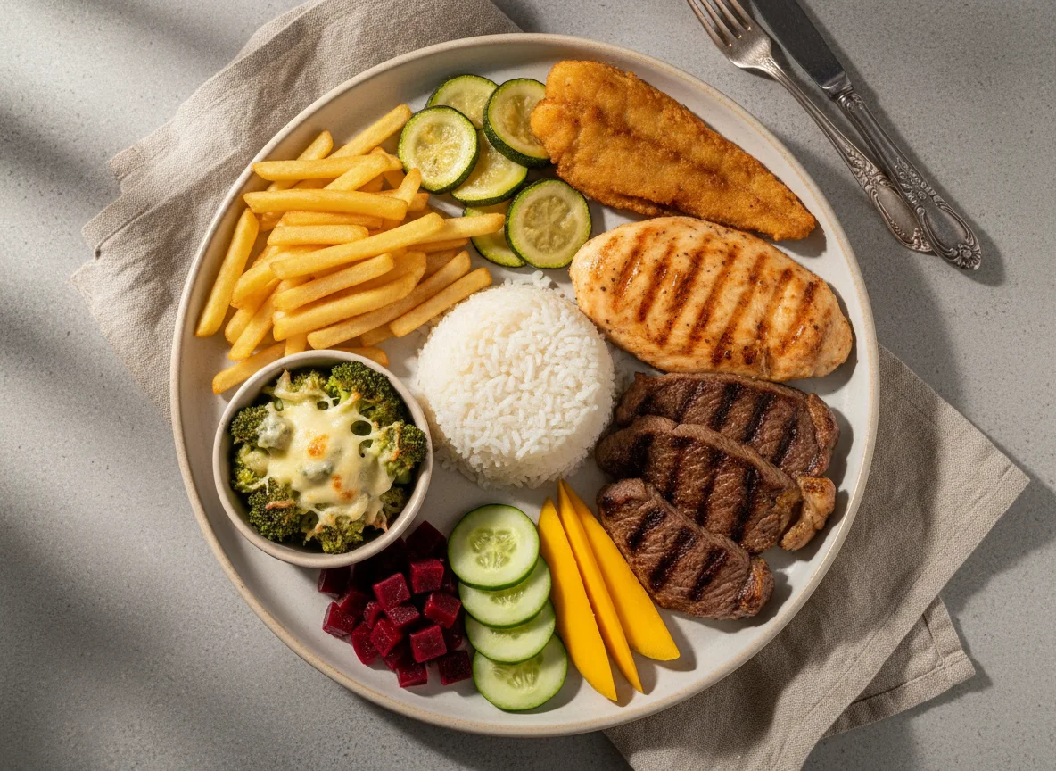 Prato variado com arroz, carnes e vegetais photo