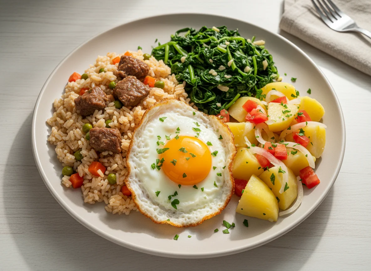 Prato variado com arroz, couve, ovo e batatas photo