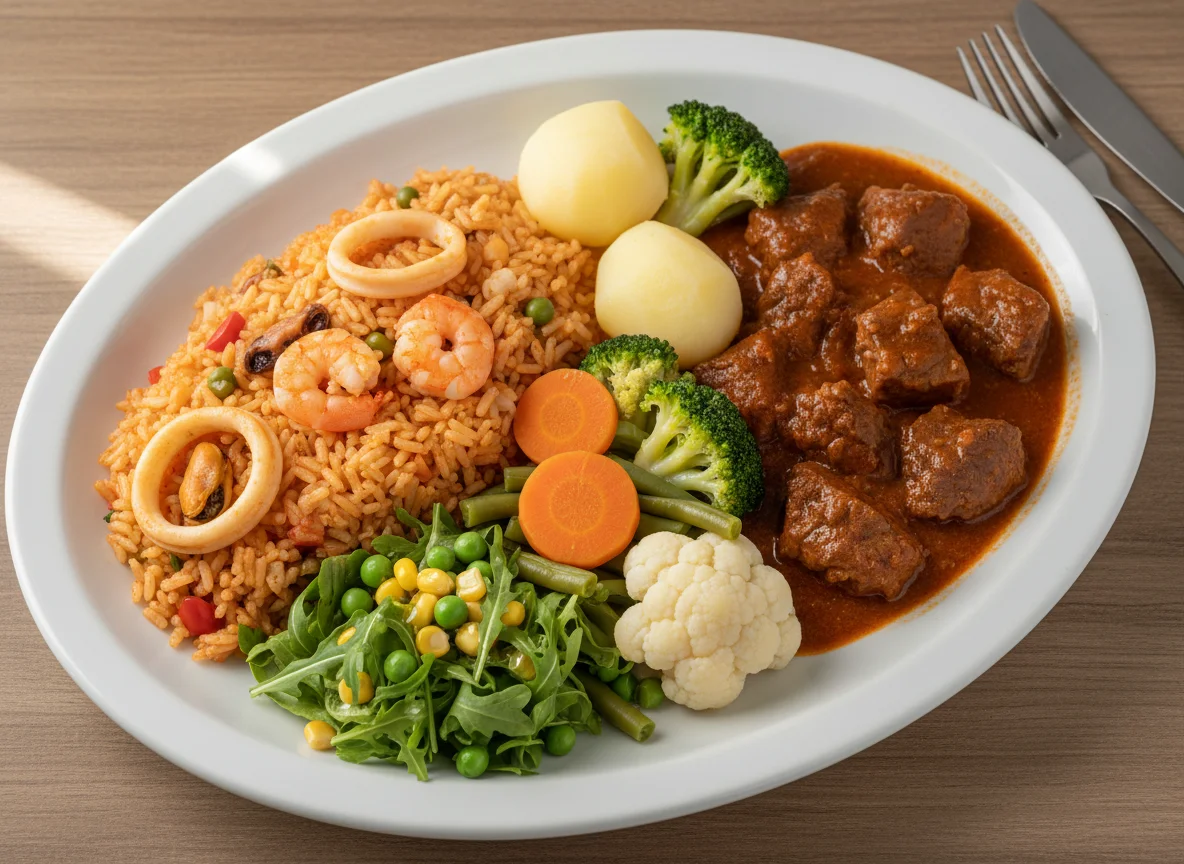 Prato variado com arroz de frutos do mar e carne photo