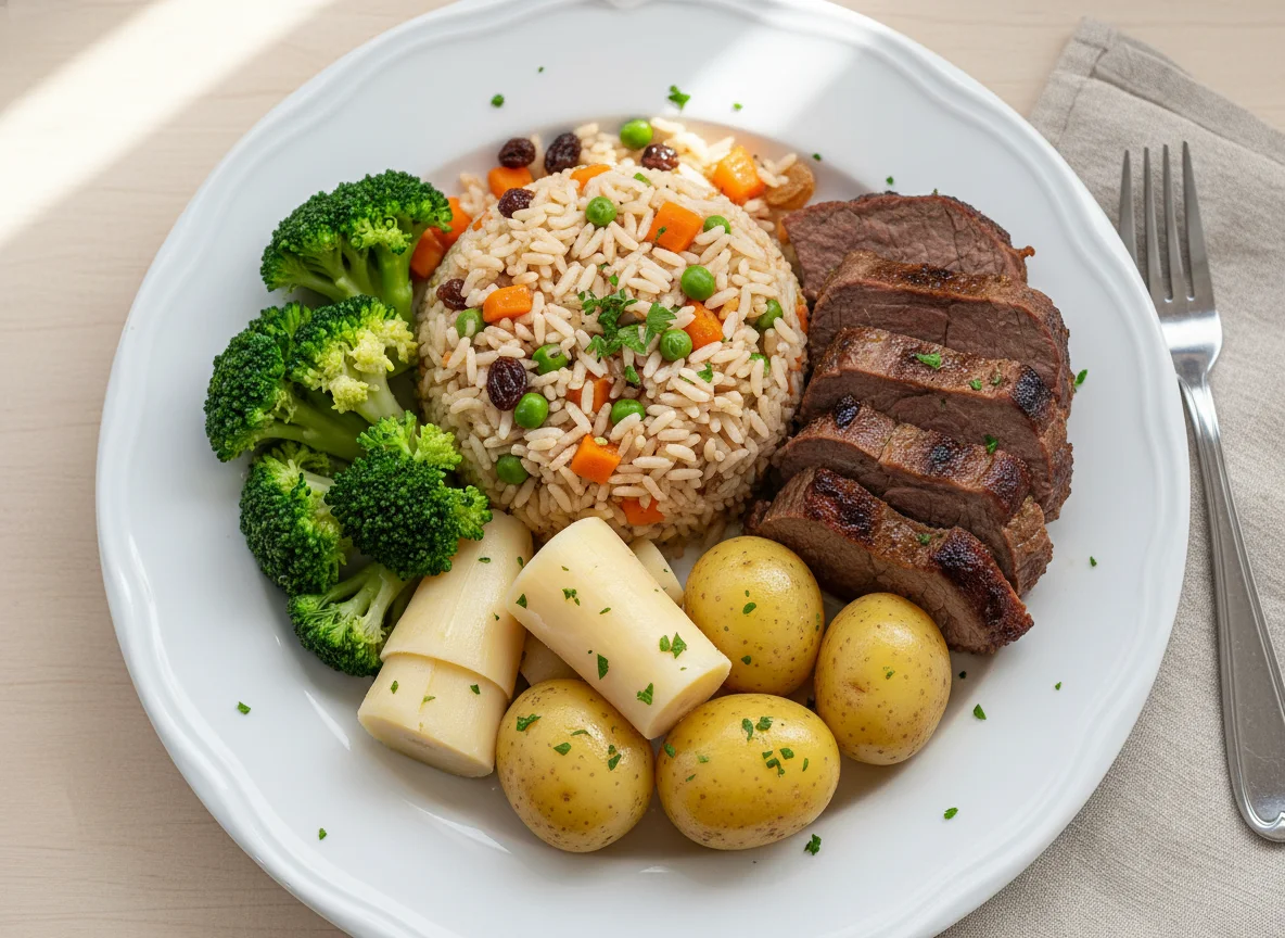 Prato variado com arroz e legumes photo