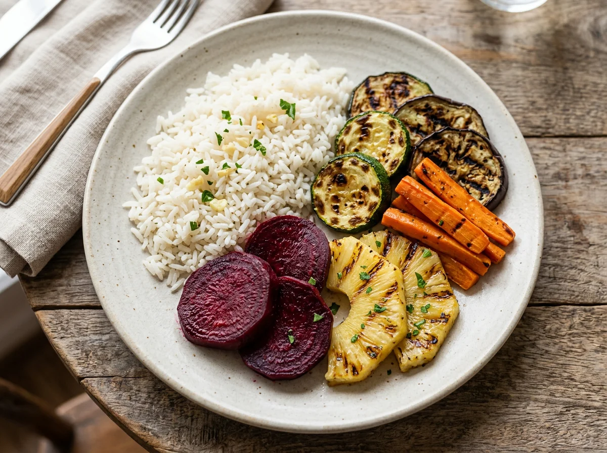 Prato variado com arroz e vegetais grelhados photo