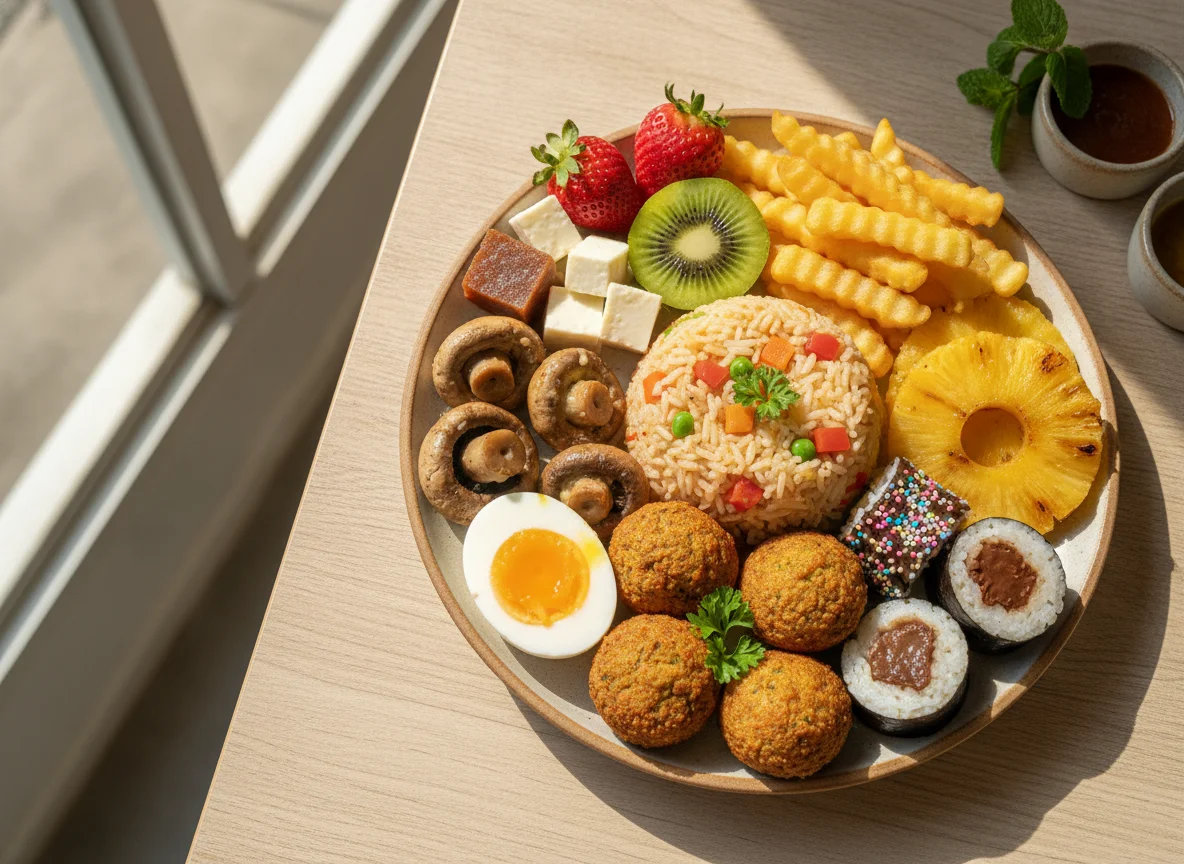 Prato variado com arroz, falafel, ovo e acompanhamentos photo
