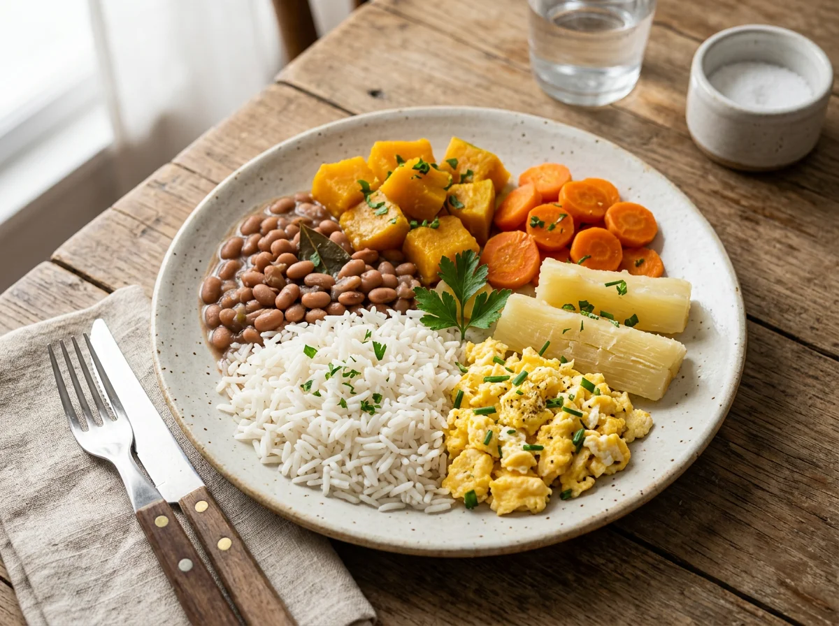 Prato variado com arroz, feijão, abóbora, cenoura, aipim e ovos mexidos photo