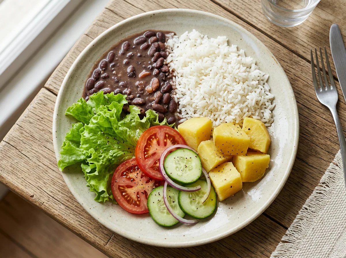 Prato variado com arroz, feijão, batata e salada photo