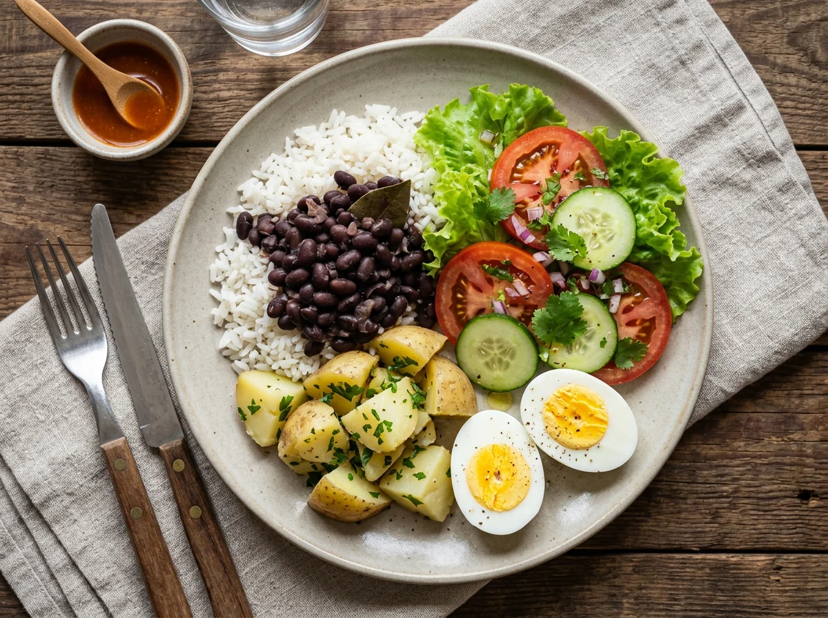 Prato variado com arroz, feijão, batata, ovos e salada photo