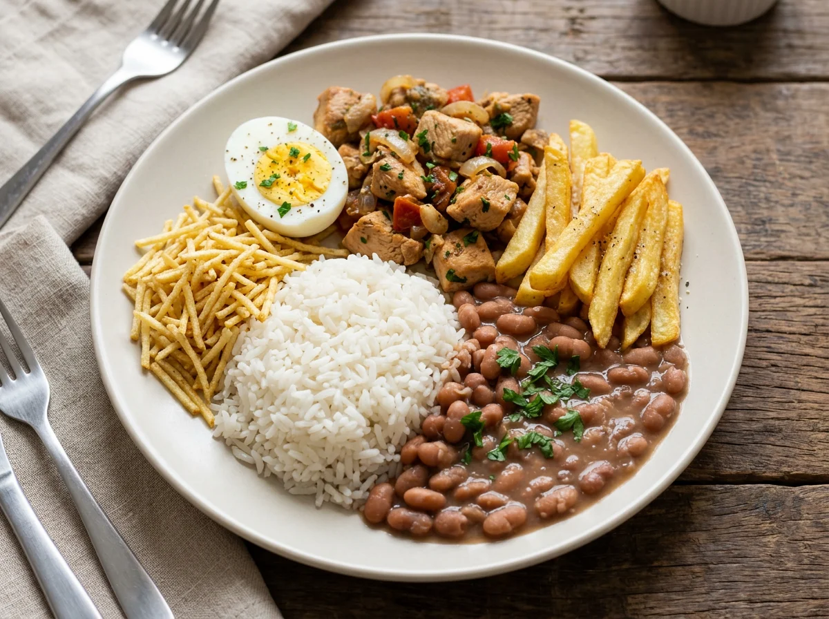 Prato variado com arroz, feijão, batata palha, carne, ovos e batata frita photo