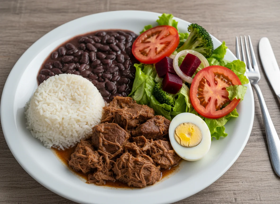 Prato variado com arroz, feijão, carne, ovos e salada photo