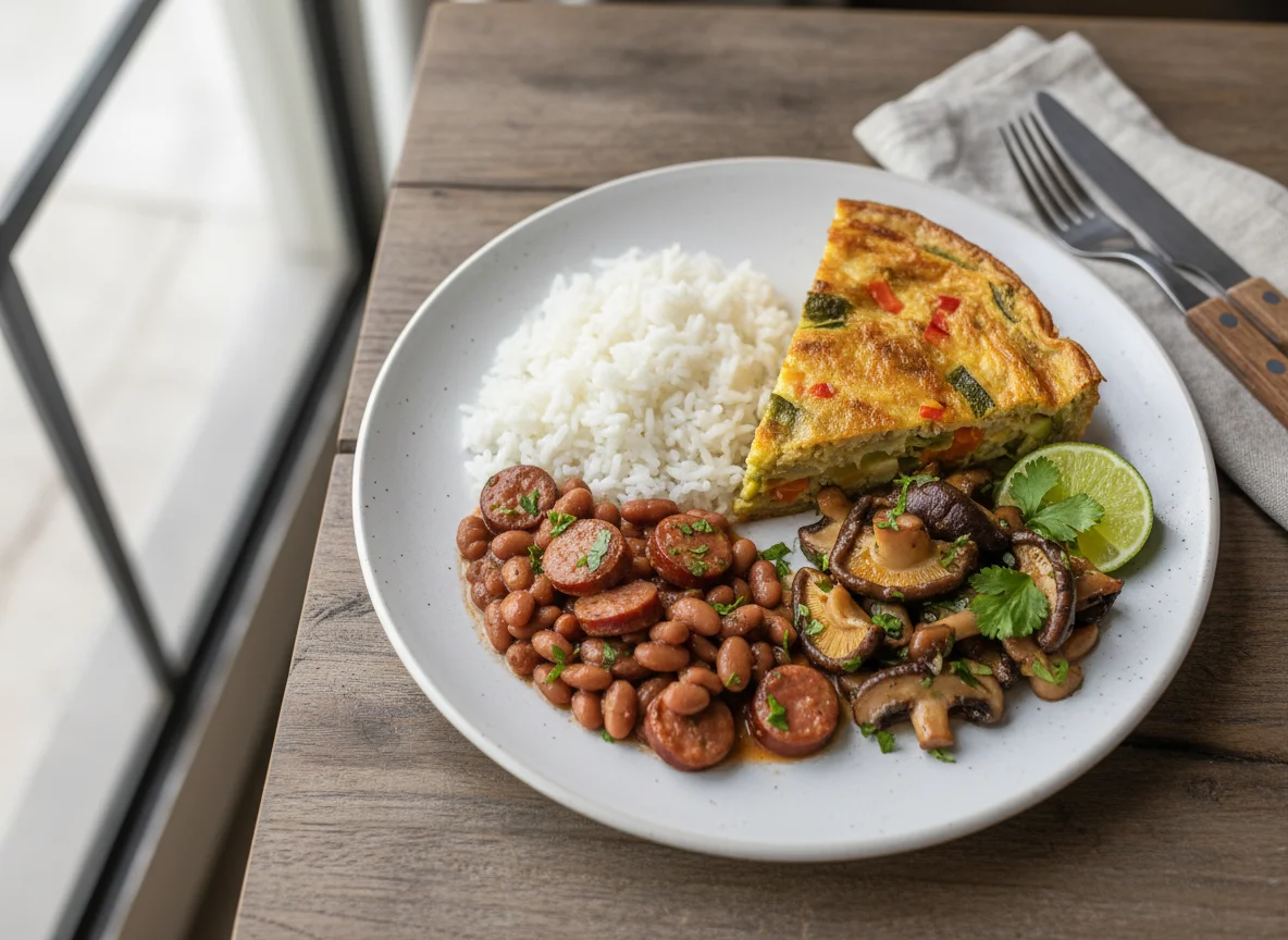 Prato variado com arroz, feijão, cogumelos e torta de legumes photo