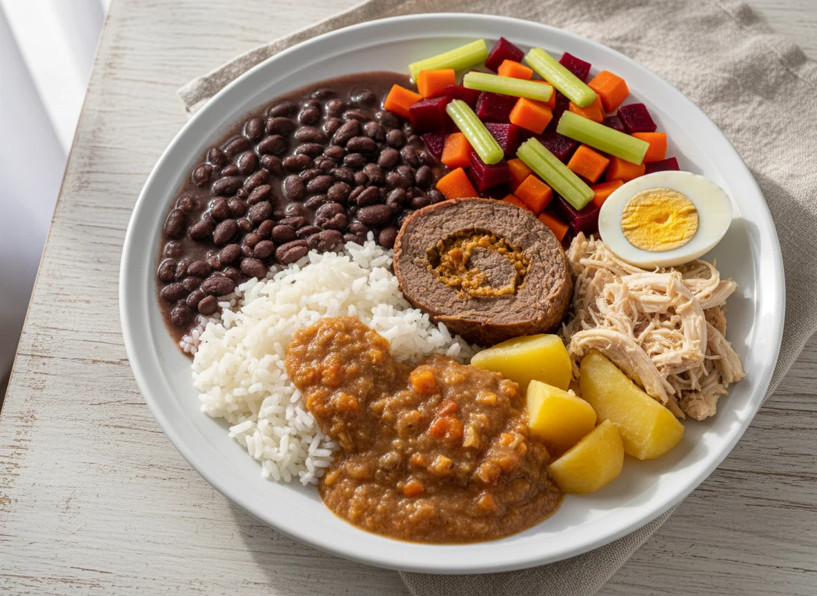 Prato variado com arroz, feijão e carnes photo