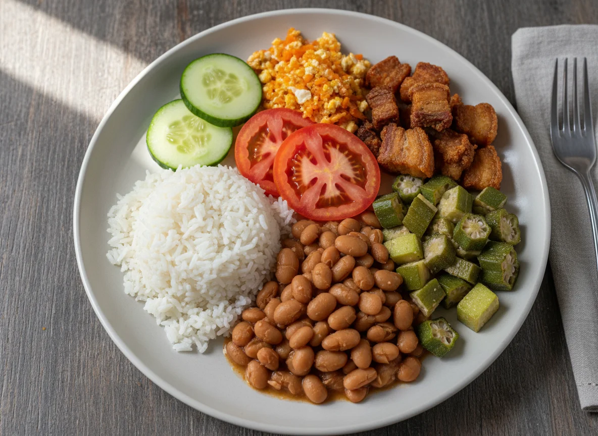 Prato variado com arroz, feijão e legumes photo