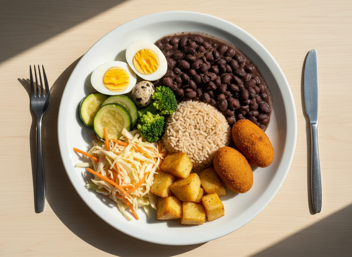 Prato variado com arroz, feijão e salada photo