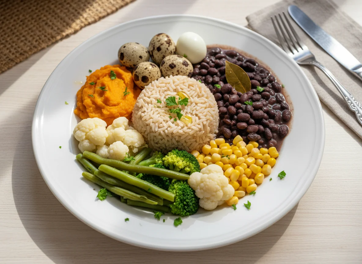 Prato variado com arroz, feijão e vegetais photo