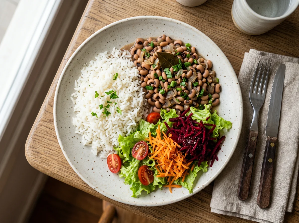 Prato variado com arroz, feijão fradinho e salada photo