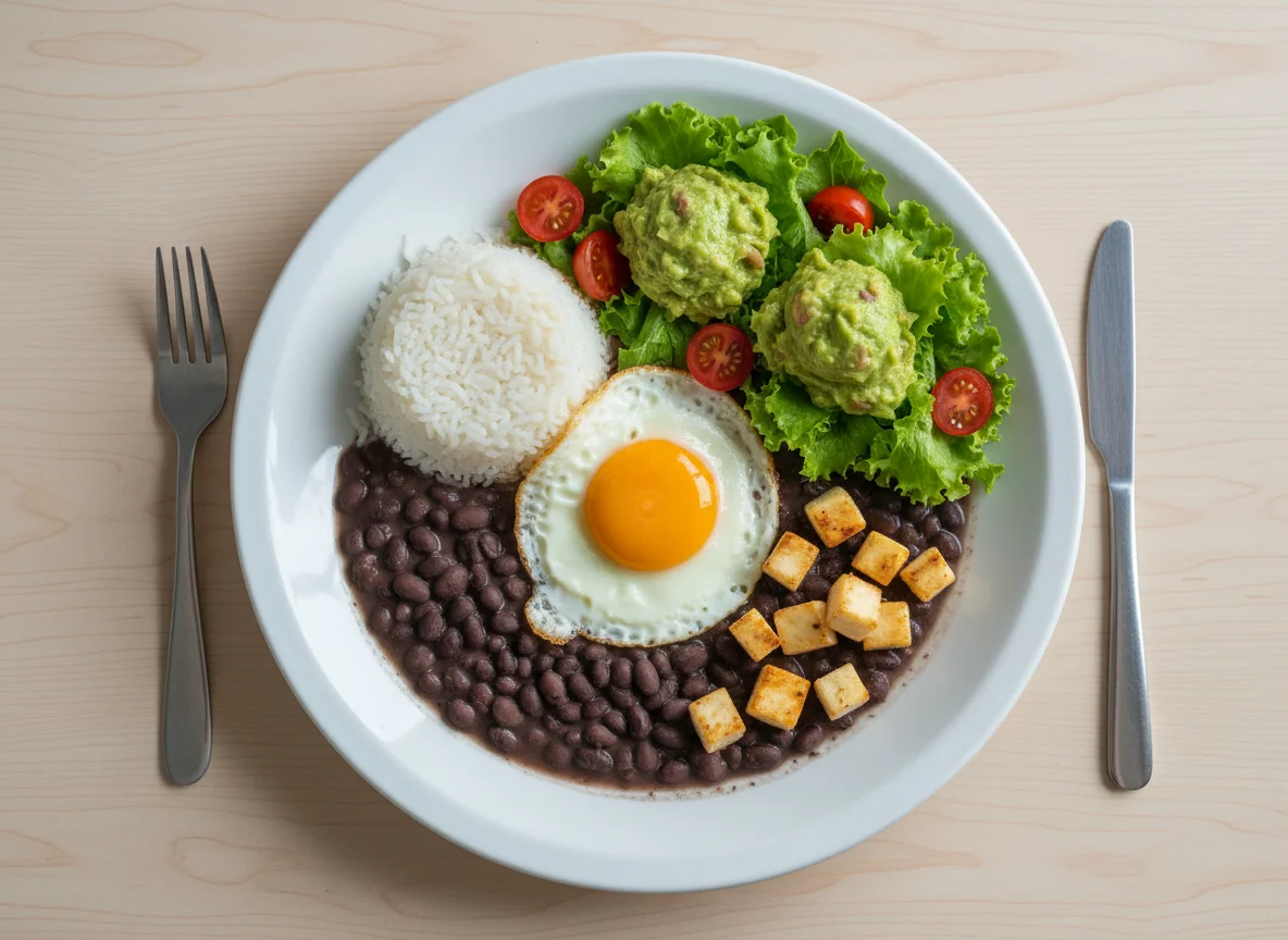 Prato variado com arroz, feijão, ovo e salada photo