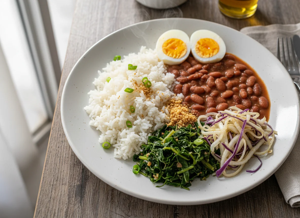 Prato variado com arroz, feijão, ovos e vegetais photo