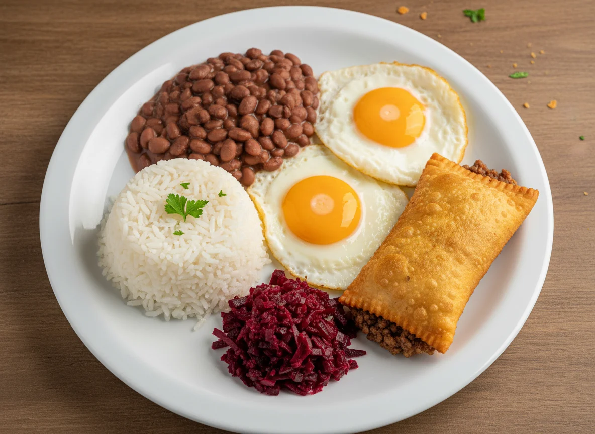 Prato variado com arroz, feijão, ovos fritos, beterraba e pastel photo