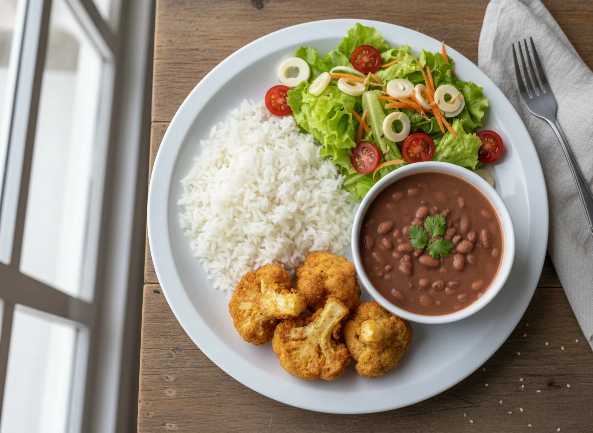 Prato variado com arroz, feijão, salada e couve-flor empanada photo