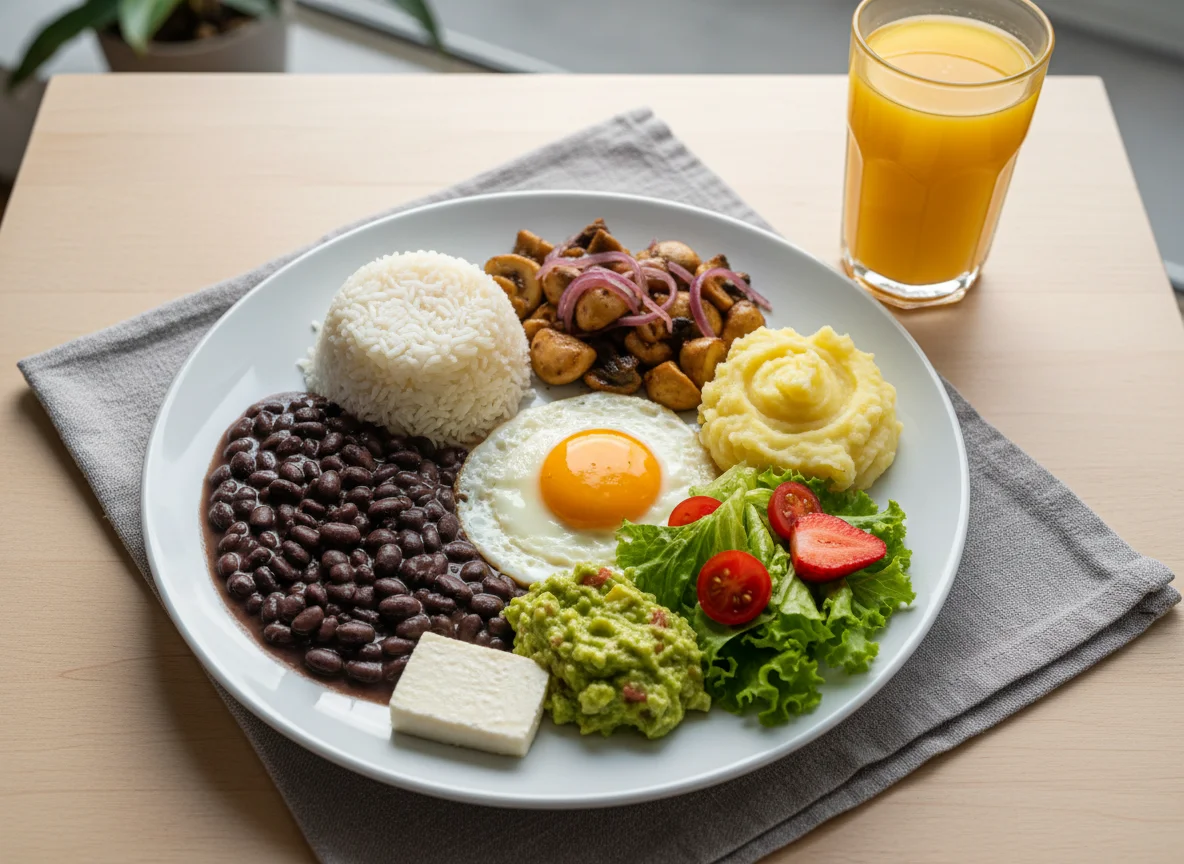 Prato variado com arroz, feijão, salada e ovos photo
