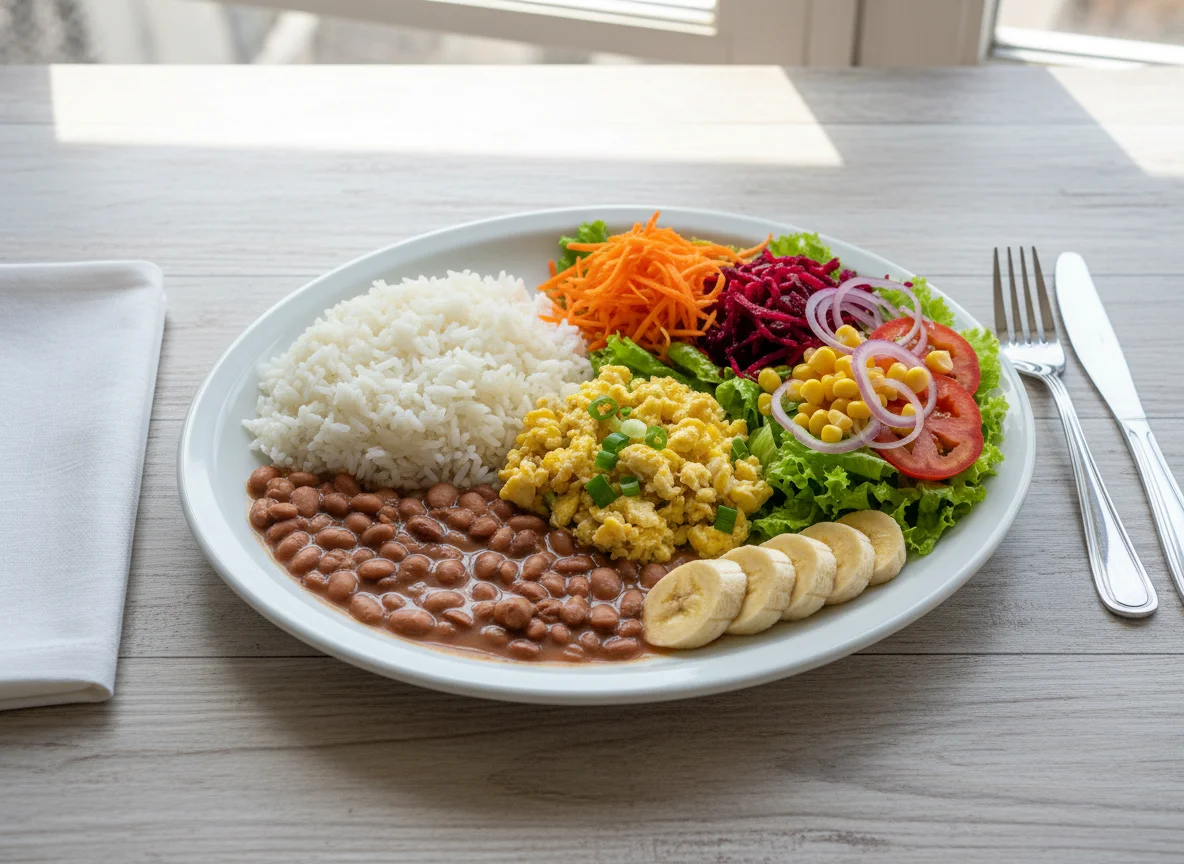 Prato variado com arroz, feijão, salada, ovos mexidos e banana photo