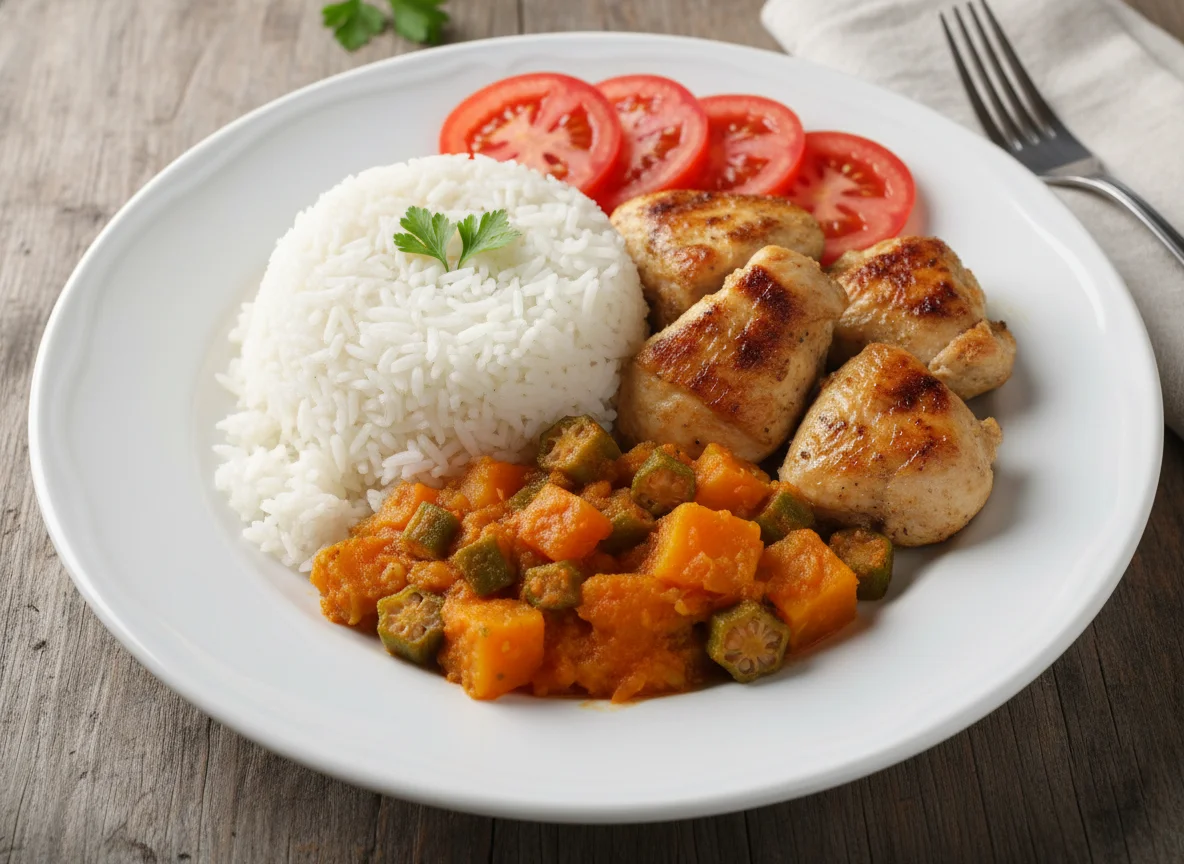 Prato variado com arroz, frango, abóbora e tomate photo