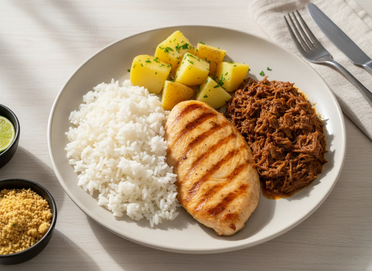 Prato variado com arroz, frango, carne e batata photo