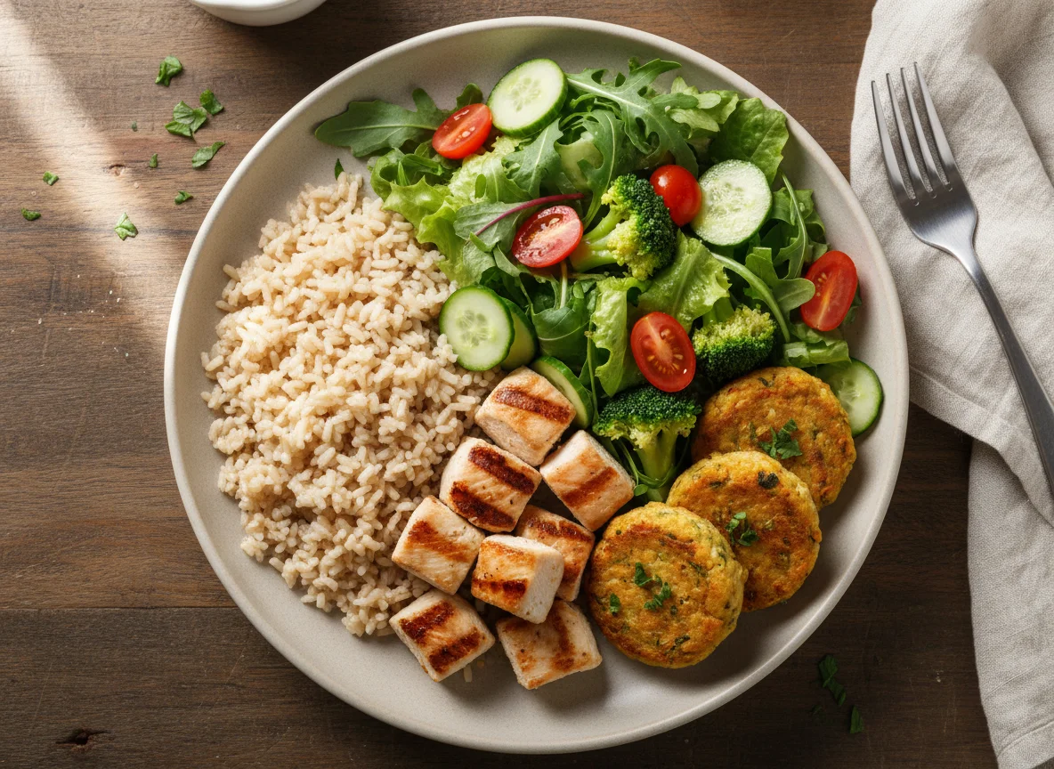 Prato variado com arroz, frango e salada photo