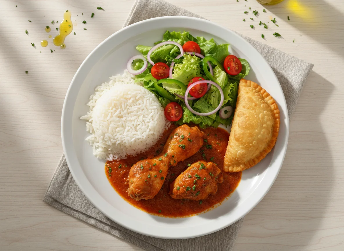 Prato variado com arroz, frango ensopado, salada e pastel photo