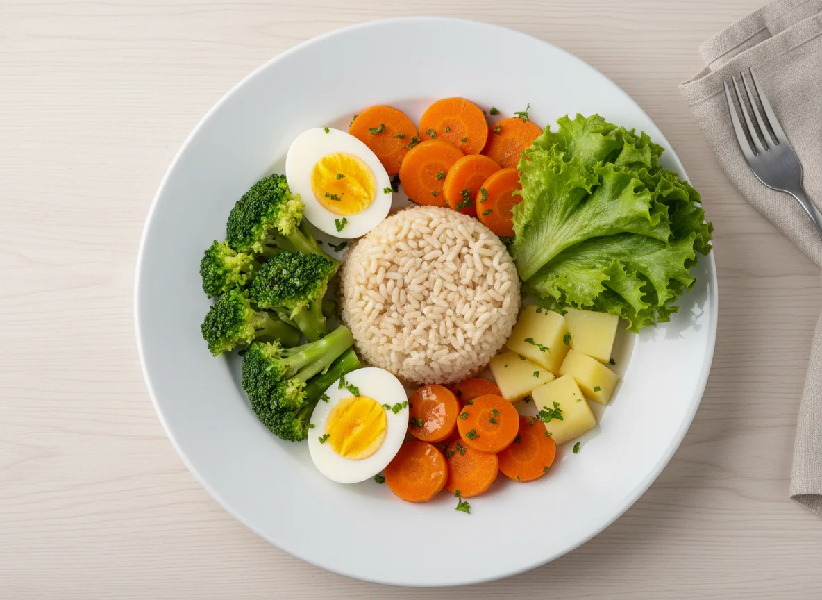 Prato variado com arroz integral e vegetais photo