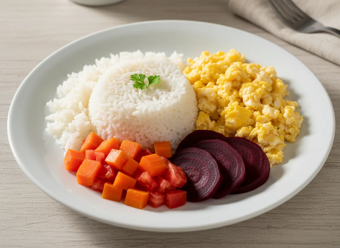 Prato variado com arroz, legumes e ovo photo