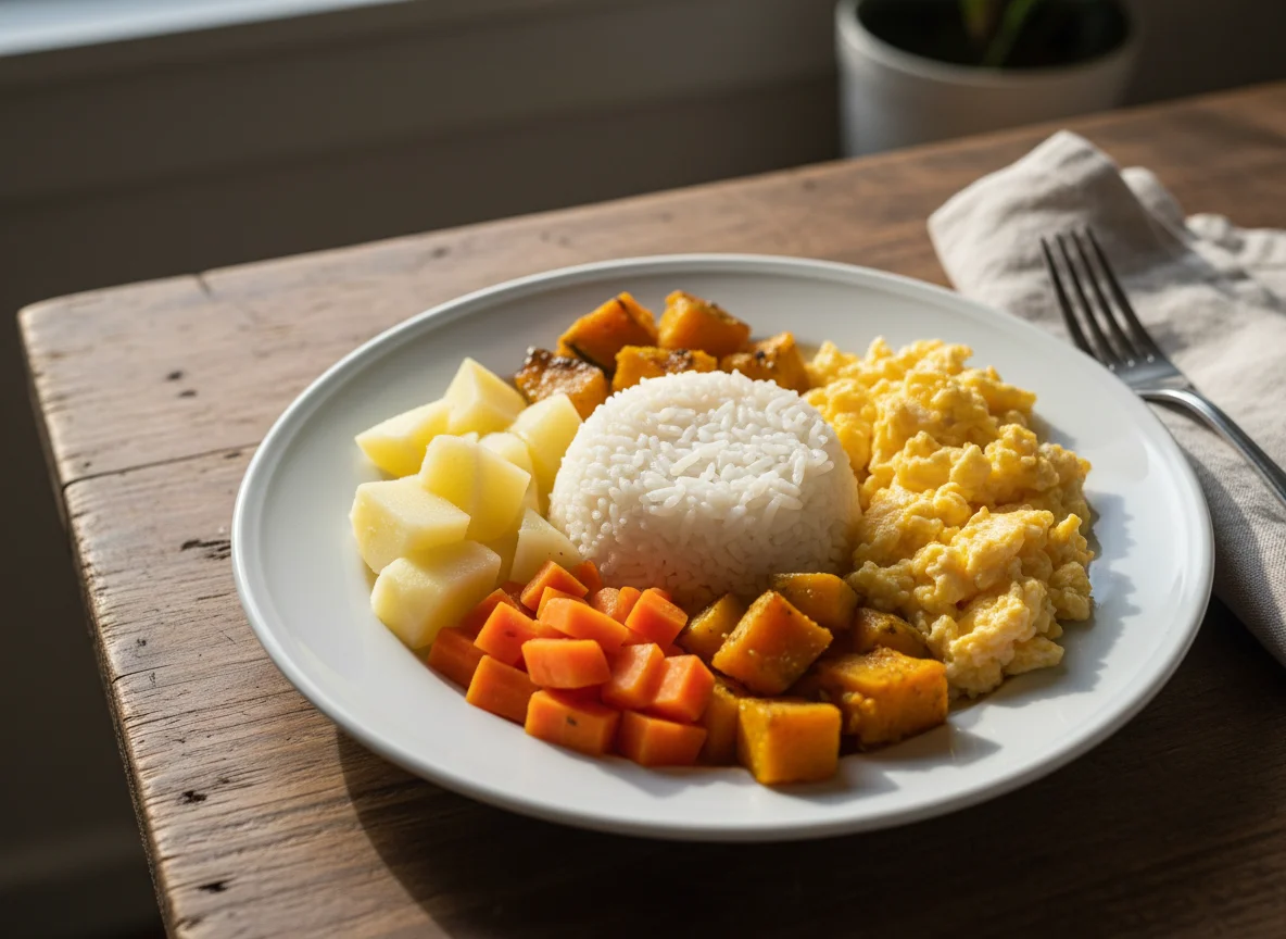 Prato variado com arroz, legumes e ovo mexido photo
